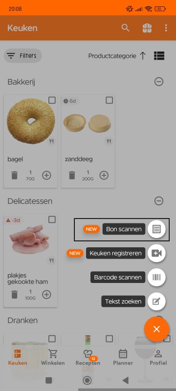 Scan Receipt option in Kitchen page